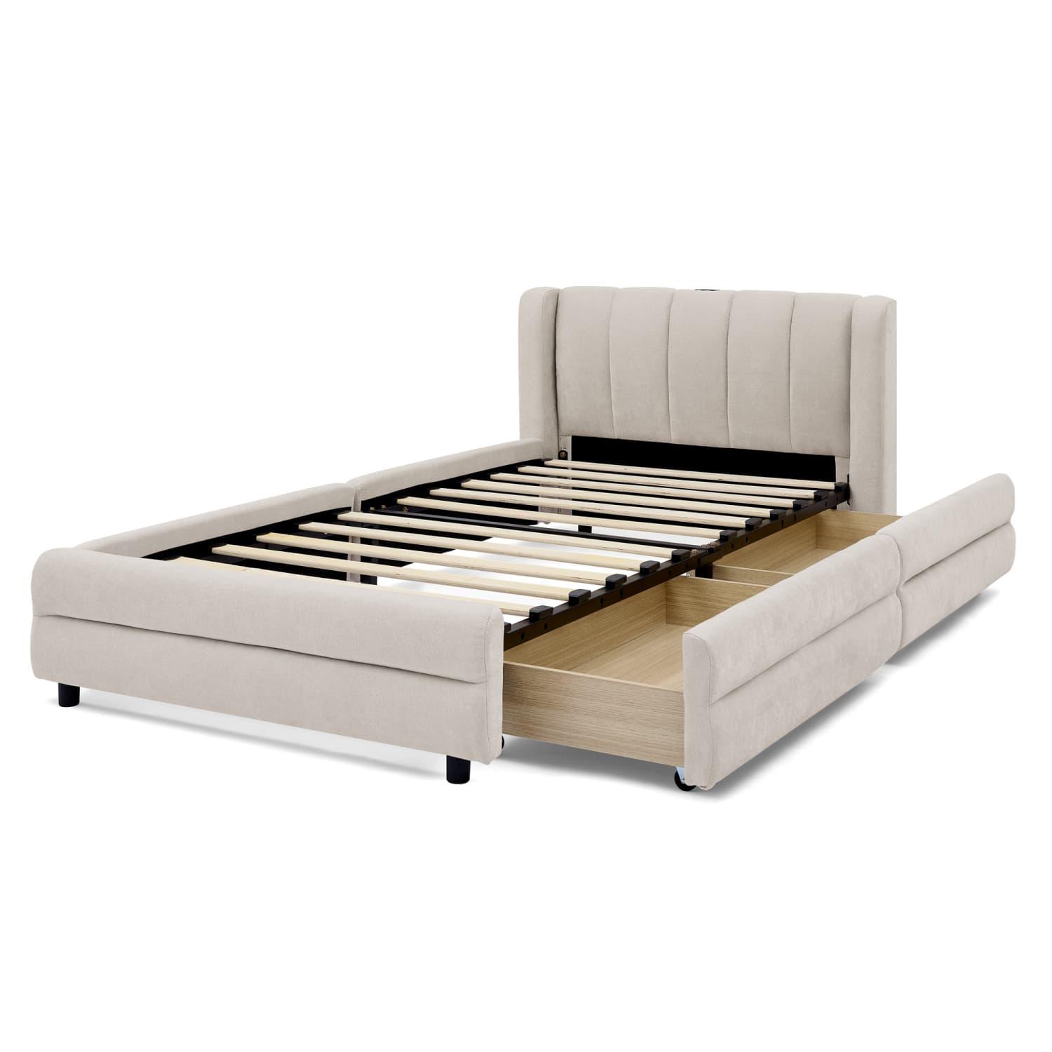Einzelbett 90x200 cm mit seitlichen Aufbewahrungsfächern, USB-Ladeport, weichem Chenille-Stoff, ergonomischem Design - für Kinderzimmer, Einzelzimmer