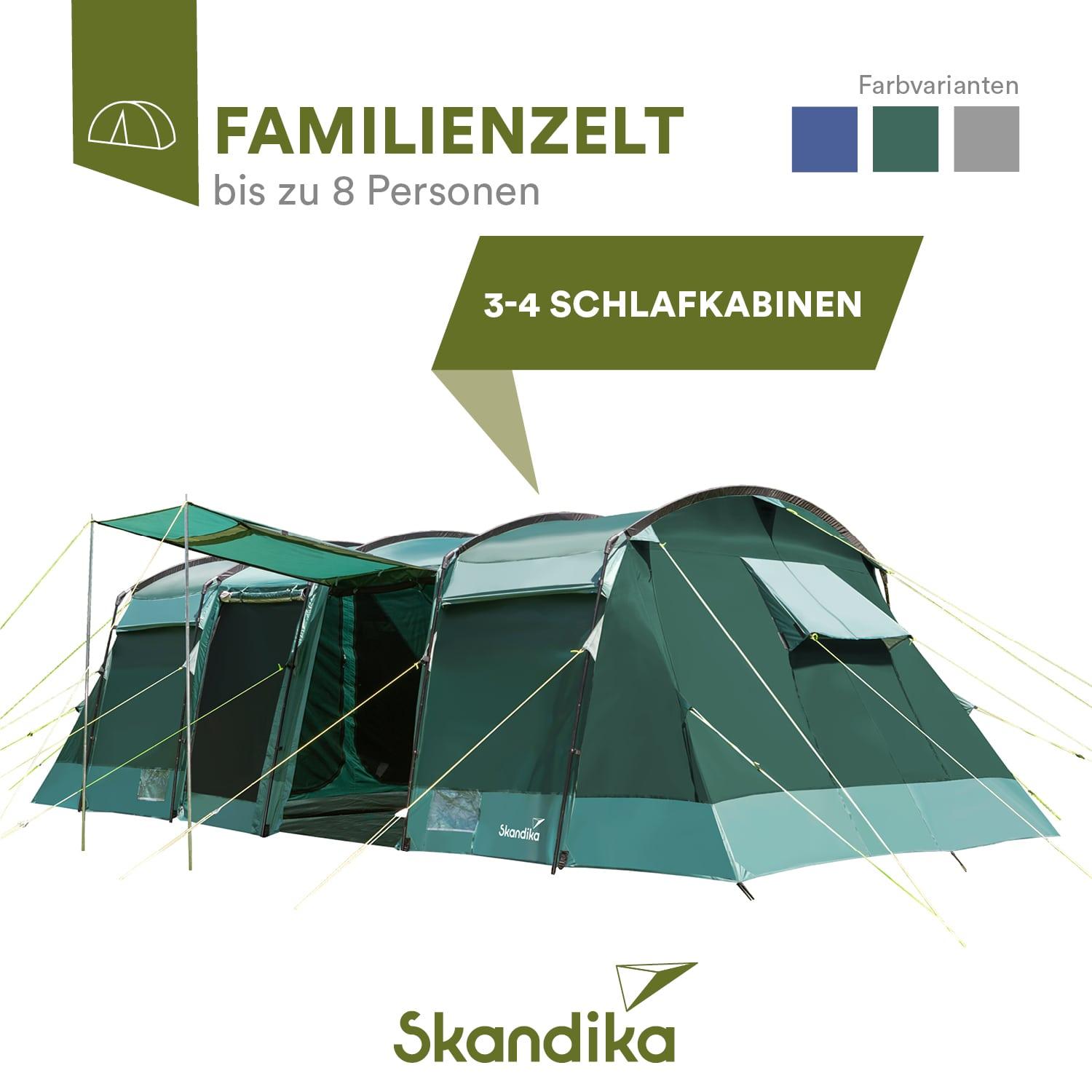 Skandika Tunnelzelt Montana 8 Personen | Camping Zelt mit/ohne eingenähten Zeltboden, mit/ohne Sleeper Technologie, 3-4 Schlafkabinen