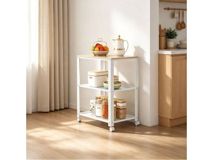 Cuisinier roulant 60x40x76 cm 3 étagères ouvertes Blanc & Chêne clair Industriel Robuste et multifonctionnel