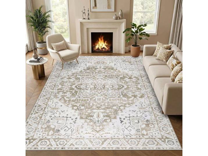 Tapis Salon 160x230cm Beige Marron Tapis Lavable en Machine Vintage Tapis Chambre Poil Court Doux Antidérapant pour Salon Chambre