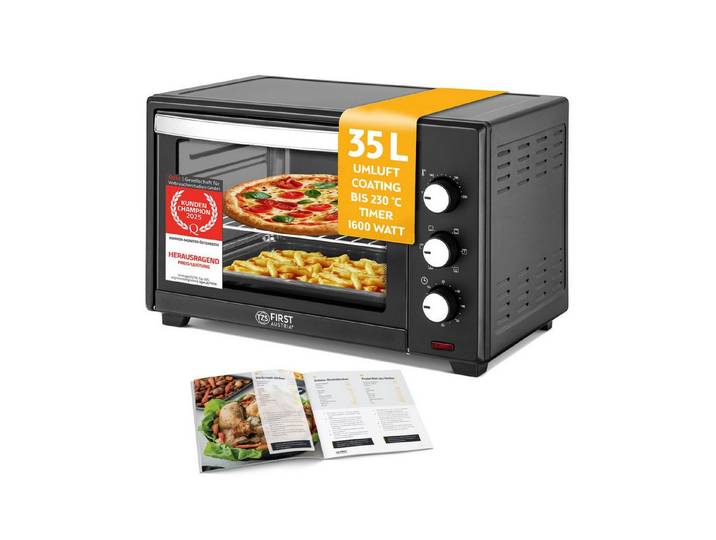 TZS FIRST AUSTRIA Minibackofen 35L 1600W, Premium-X Coating, stufenlose Temperaturregelung bis 230°C, 60 Min Timer, 3 Einschubhöhen, Doppelglastür, Umluftfunktion