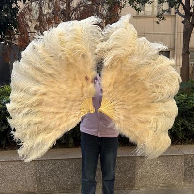 Inspire Select Luxury Ostrich Feather Fan Large Folding Dance Fan For Stage, Carnival & Performance deep Beige 51.18 In 1 Pc