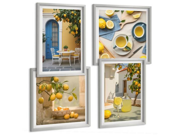 BILDER SET 4er Set - 50x50 cm & 40x60 cm Silberner Rahmen - Zitronenlimonade blaue Tür