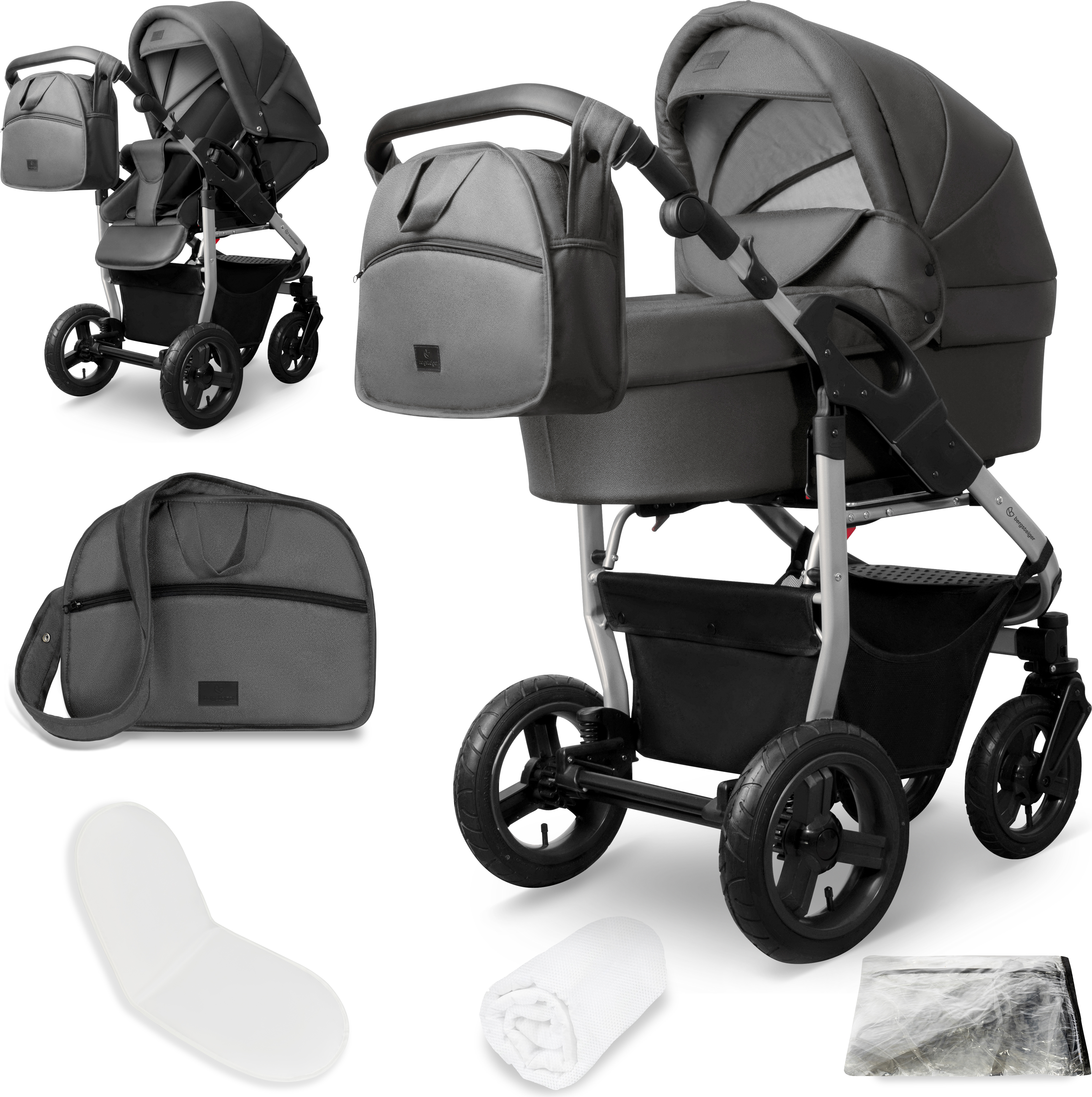 Bergsteiger Capri Kombikinderwagen 2-in-1 ohne Babyschale - Babywanne & Sportsitz, Luftreifen, Federung, höhenverstellbarer Griff, faltbar, Zubehör