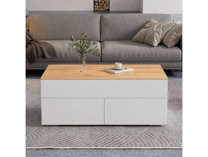 Table basse réglable 2 tiroirs bois blanc 100x50x40 cm