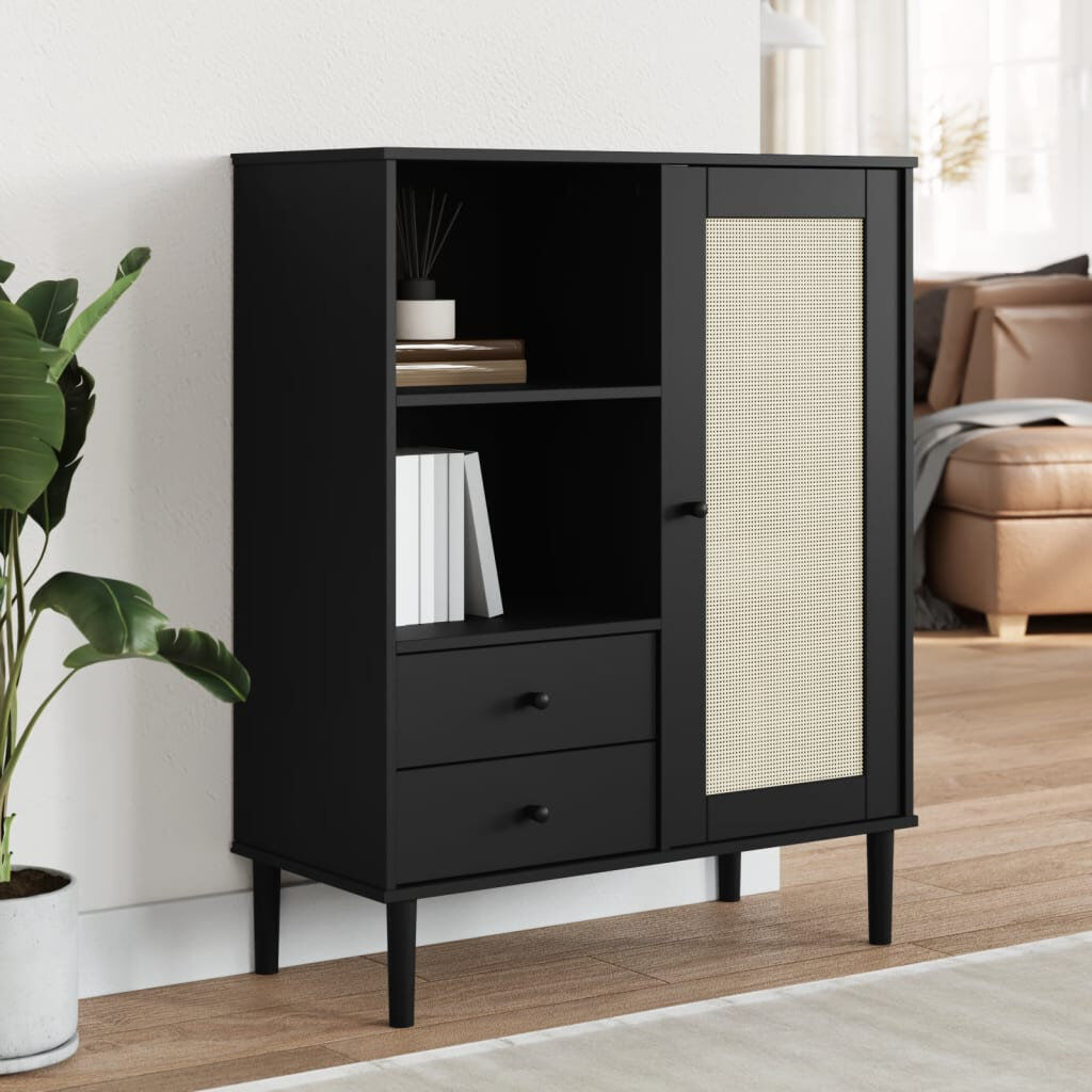 vidaXL 90cm Sideboard Rattan Look Black 112cm H X 90cm W X 40cm D