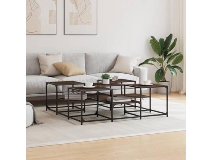KTHLBRH Couchtisch Eiche braun 121 x 121 x 40 cm Holz mehrschichtig Regalböden, 2 Höhen, Metallrahmen, verstellbare Füße, Traglast 30 kg pro Boden, Industrie-Stil