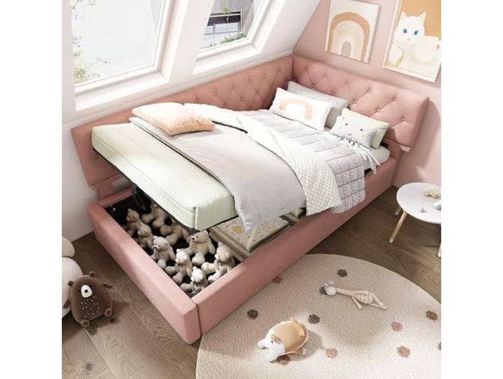 FAVSH Einzelbett 90x190 cm mit Bettkasten, Boxspringbett/Tagesbett mit Hydraulischer Stauraumfunktion, Samtbezug, Stabiler Holzlattenrost, Ohne Matratze (Rosa)
