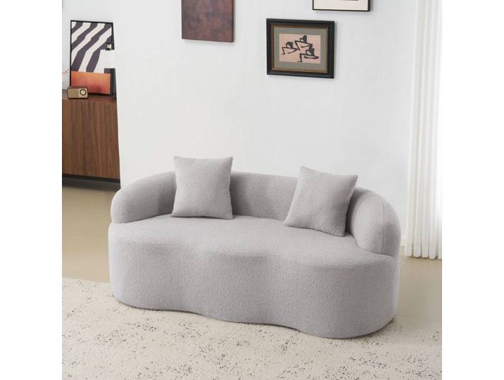 Canapé 2 places design incurvé avec coussins en tissu gris clair