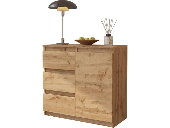 FURNICA - MIKEL - Commode / Sideboard avec 3 tiroirs et 1 porte - Chêne Wotan H75cm L80cm P35cm