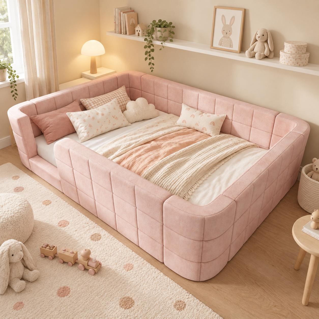Kinderbett 140 x 200 cm in Rosa mit Chenillebezug, umlaufendem Schutzgitter und Lattenrost