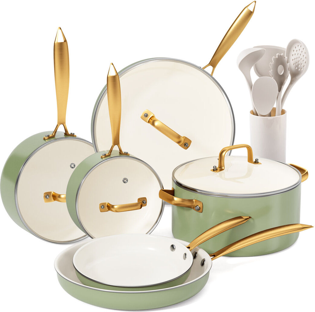 CAANNASWEIS UKWF002 16 - Piece Non-Stick Ceramic Cookware Set White/Green 16