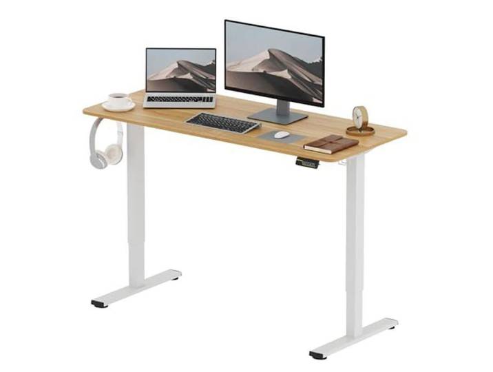SANODESK Bureau Assis Debout Électrique 140x60cm Bureau Réglable en Hauteur avec Crochet et Fonction Mémoire Plateau Érable