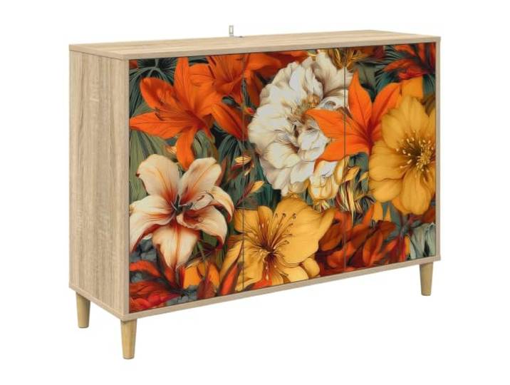 KPOTUERTU Sideboard Genrep Sonoma 102 x 33 x 75 cm Holzwerkstoff Holzwerkstoff, erhöhte Füße, dekoratives Muster, mehrere Fächer, trocken abwischbar