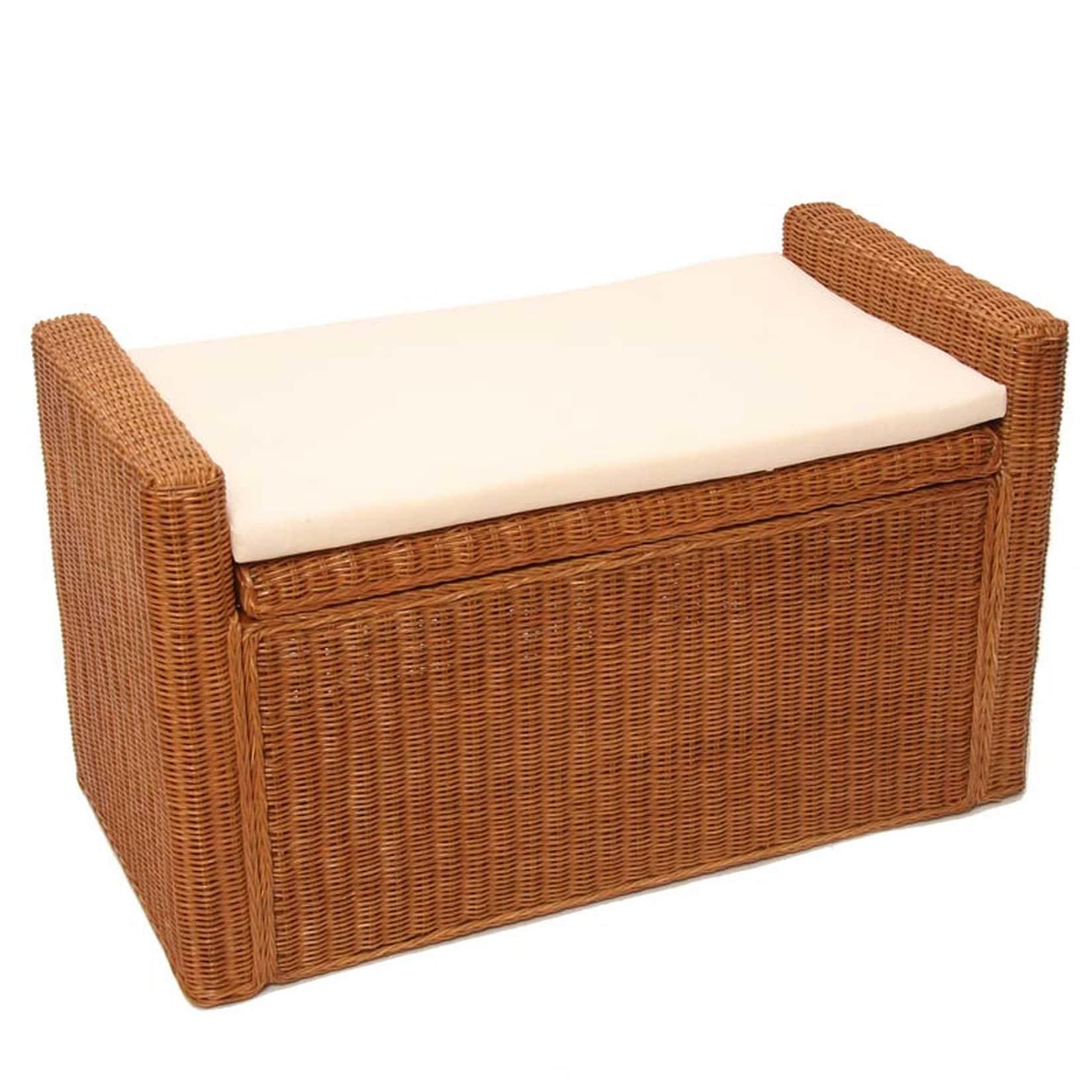 Sitzbank Genua Garderobenbank Bank Sitzhocker, mit Stauraum Kissen Kubu Rattan 88cm ~ honigfarben
