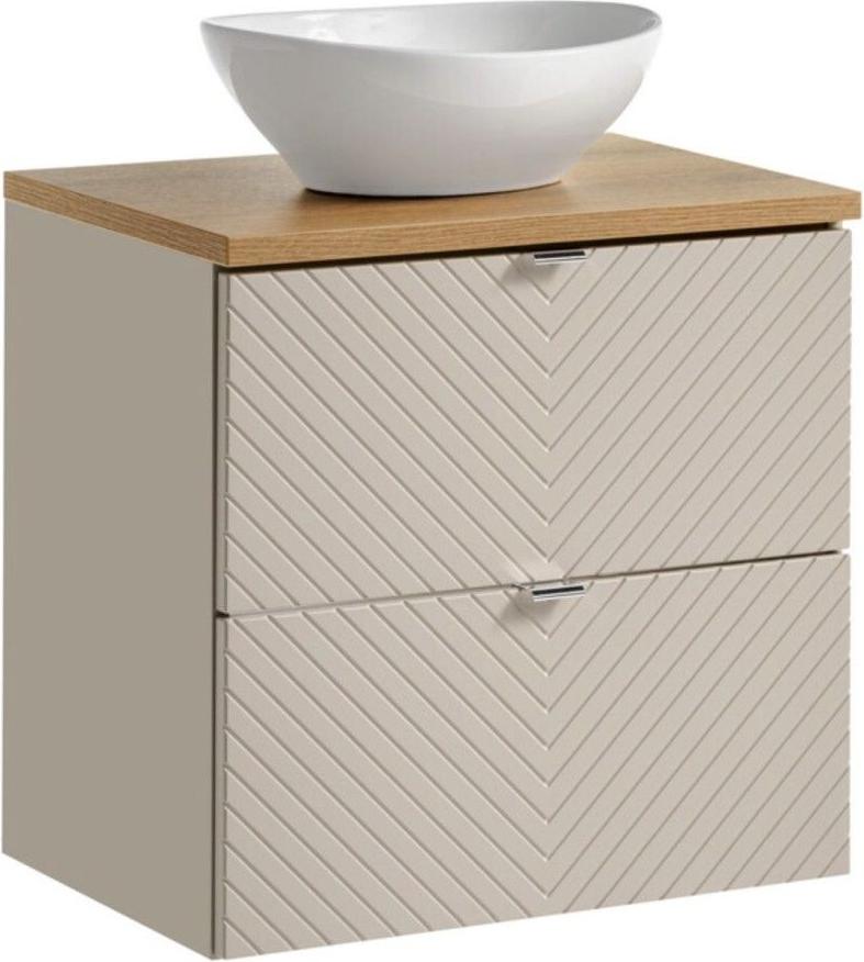 Set AOKI : Unterschrank mit Schubladen 60 cm + Eichenplatte + runde weiße Aufsatzwaschbecken