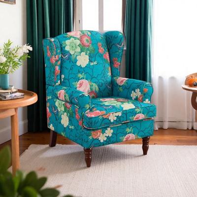 "27.95"" Linen Accent Chair with Retro Wood Legs and Floral Design and Wing Back Design"