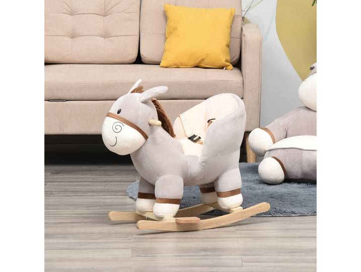 HOMCOM Cheval à Bascule Âne Musical Peluche Gris Bois
