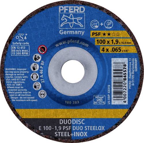 PFERD TOOLS 62010630 E 100-1,9 PSF DUO STEELOX/16,0 Schruppscheibe gekröpft Durchmesser 100mm Bohrungs-Ø 16mm Edelstahl, Stahl
