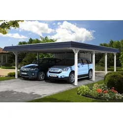 Carport Wendland 630x879 schwarze Blende, weiß, mit Abstellraum, Dachschalung und EPDM Holzcarport