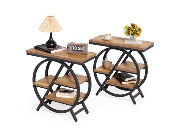 LITTLE TREE Beistelltisch 2er Set Schmaler Beistelltisch mit 4 Etagen Großer Stauraum, Moderner Nachttisch für Wohnzimmer, Home Office, Schlafzimmer, Natur
