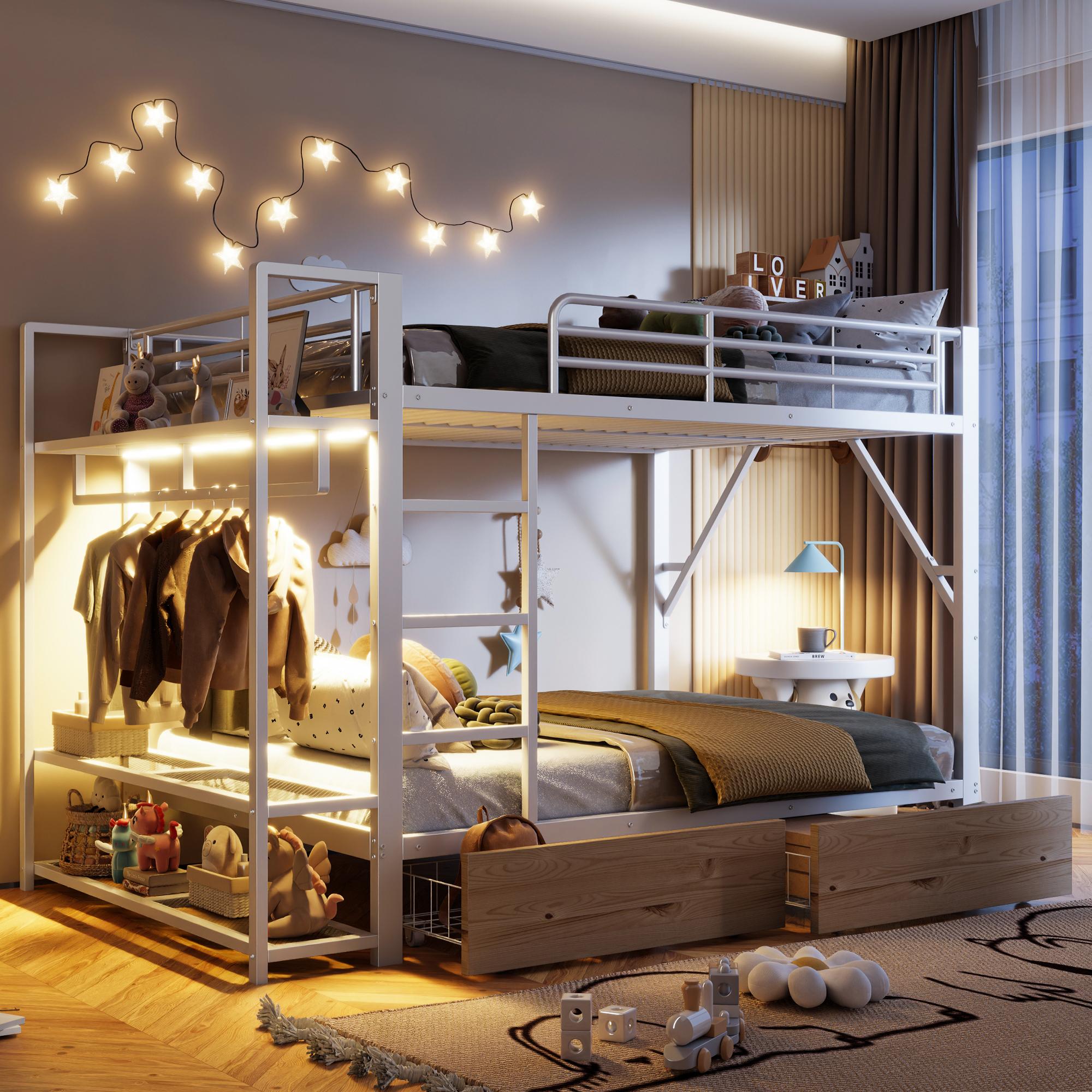 Merax Etagenbett 140x200 cm, Eisenrahmen Kinderbett mit LED-Licht, 2 Schubladen, Regale & Kleiderstange, Stockbett, Jugendbett, Weiß