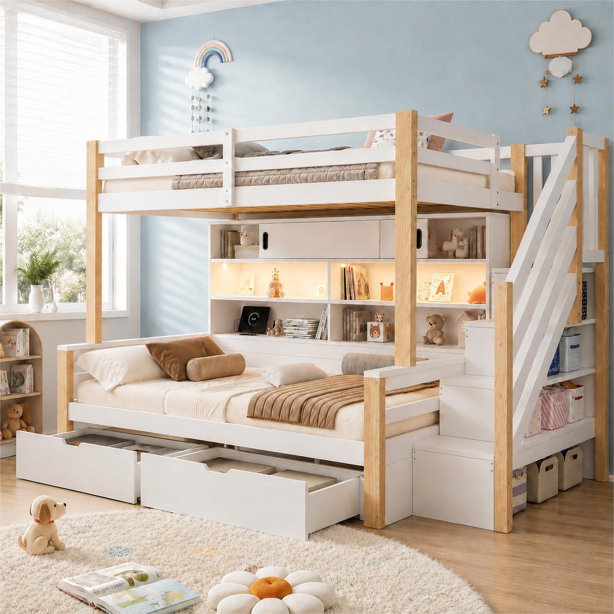 okwish Etagenbett 90×200 mit per App steuerbarer LED,USB-Aufladen, Jugendbett mit Schubladen,Ablagefächern,Doppelbett Weiß,ohne Matratze