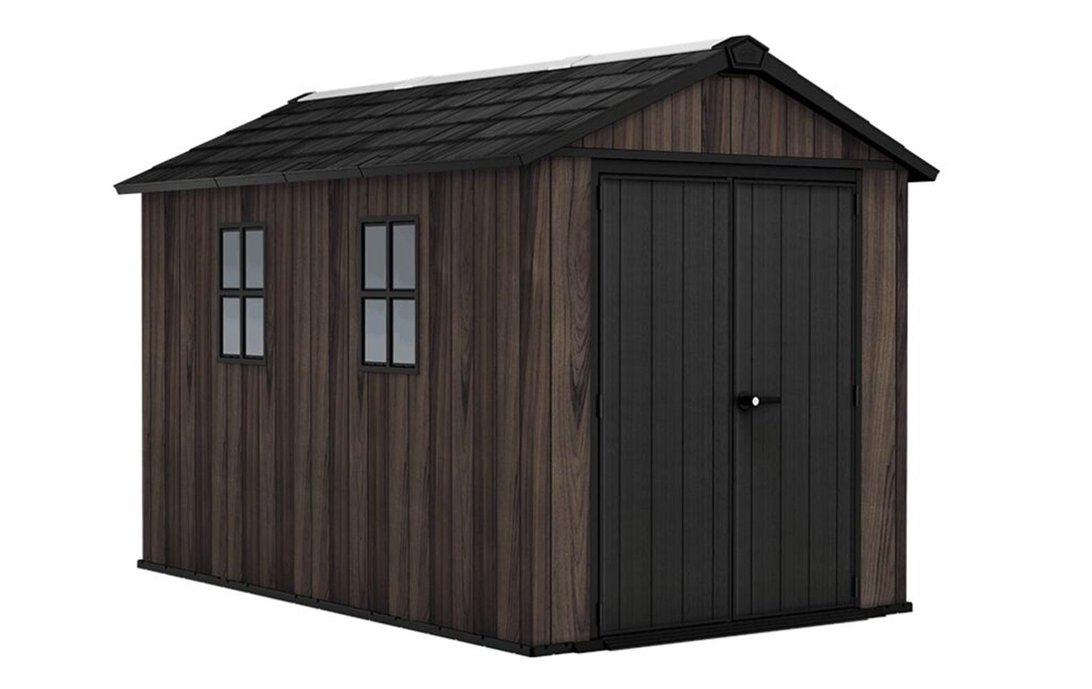 Keter Apex Gerätehaus 7,5x11, Kunststoff Geräteschuppen mit Oberlicht und Belüftung, abschließbar, wetterfest, Rosenholz Optik