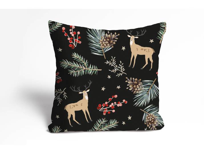 Dekokissen QUEENCE Rudolf , bunt (rot, braun, grün, bedruckt), B:40cm L:40cm, Polyester, Dekokissen_Sitzkissen_Kissenhüllen, Dekokissen, Kissenhülle,Rentier,Weihnachten,Schwarz,Winterlich,Weihnachtsmotiv