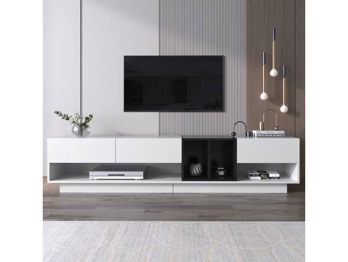 Meuble TV PINGGO, meuble bas, blanc brillant, design bicolore noir, armoire de rangement multi-tiroirs, meubles de salon