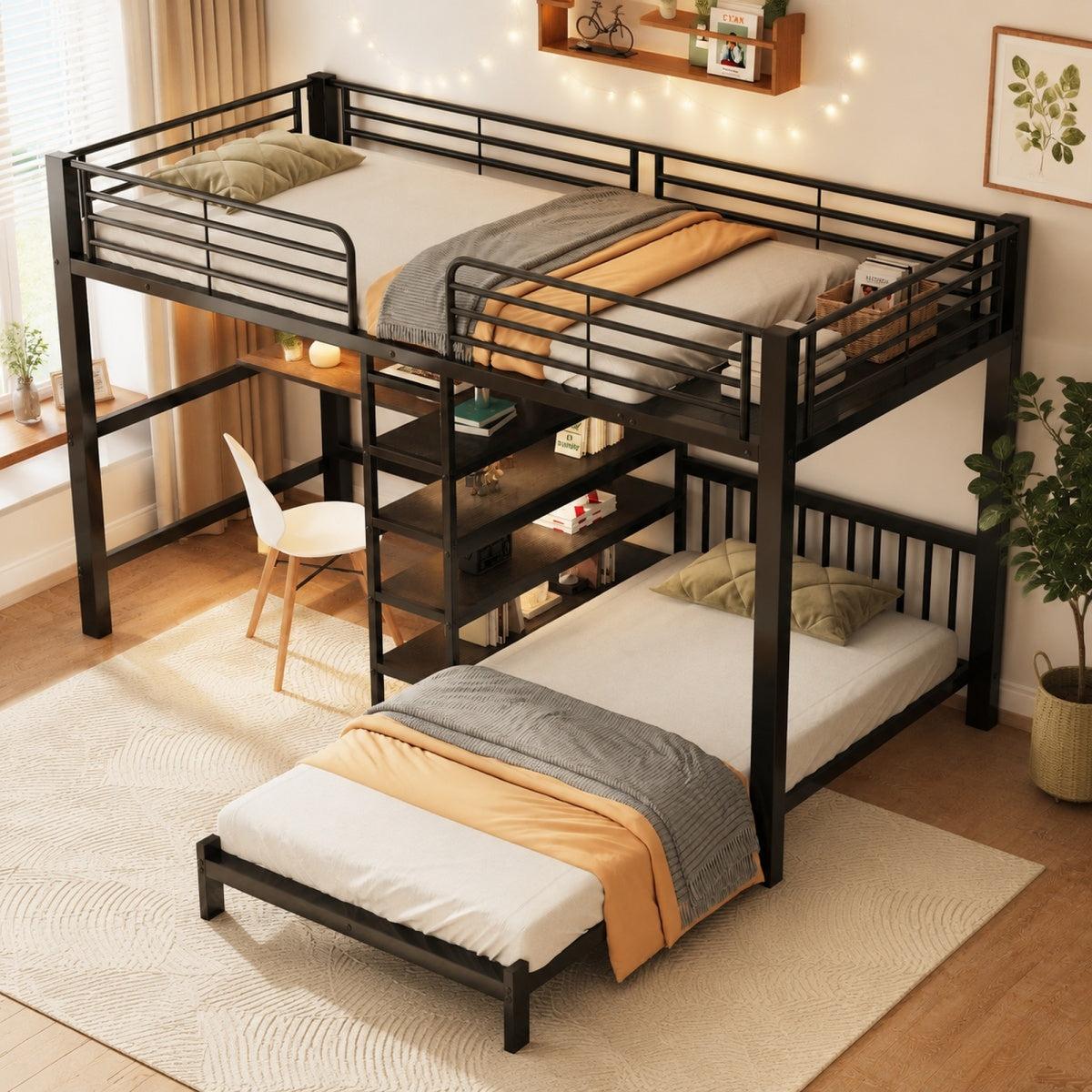 Hochbett 90x200 cm mit Schreibtisch & USB, Eisenrahmen, Regale, EN747-, Ohne Matratze, Schwarz