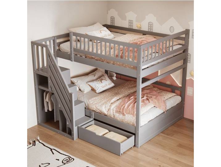 Lit superposé enfant gris 140 × 200 cm avec rangement et échelle sécurisée