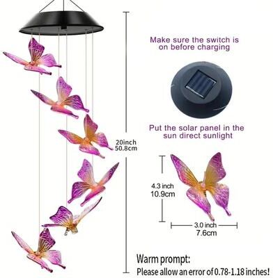 Uplifted Goods Butterfly Solar Wind Chime With Color Changing Lights red Green Blue
