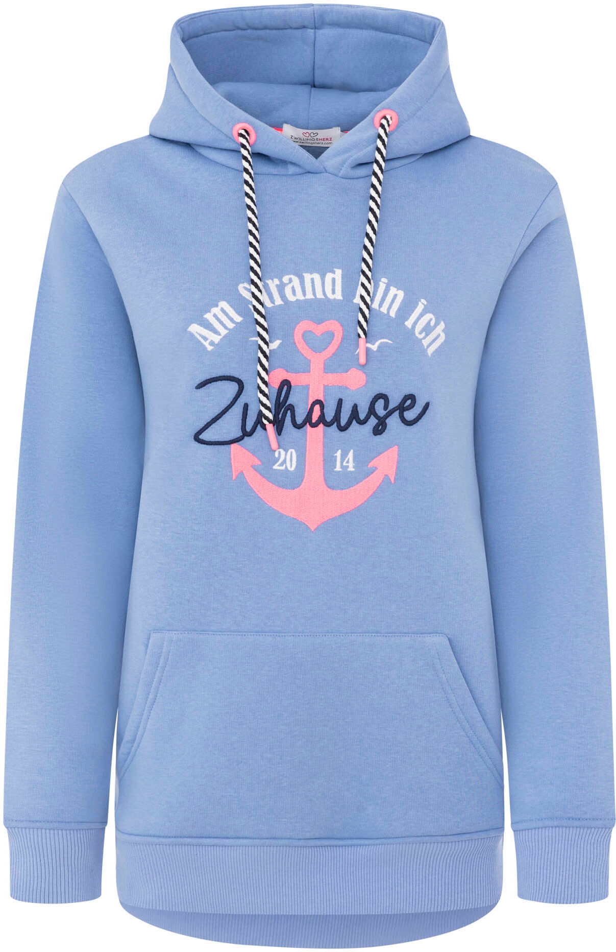 Hoodie ZWILLINGSHERZ "Beach Home", Damen, Gr. XXL, blau (mittelblau), Sweatware, Obermaterial: 50% Baumwolle, 50% Polyester, Sweatshirts Hoodie, Motiv „Am Strand bin ich zu Hause“, Anker, Kapuze mit Kordel mittelblau XXL