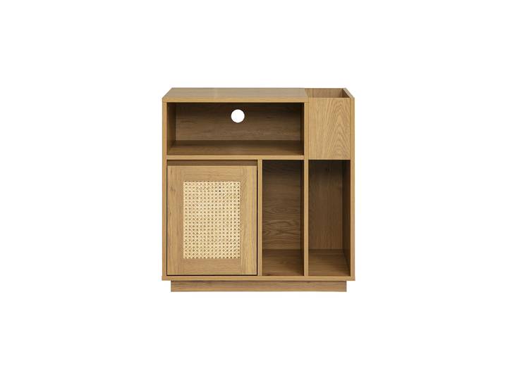 Buffet de rangement vinyles finition bois clair chêne et cannage rotin L72 cm ALICANTE