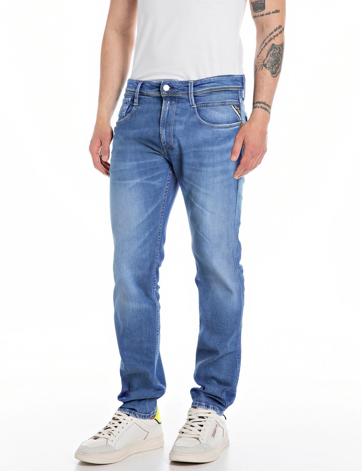 Slim-fit-Jeans REPLAY "Anbass", Herren, Gr. 28, Länge 32, blau (medium blau 844), Denim/Jeans, Obermaterial: 99% Baumwolle, 1% Elasthan, slim fit normal, Jeans Slim-fit-Jeans medium blau 844 28, Länge 32