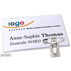 10 Namensschild mit Klammer public 85 x 54 mm, Hart-PVC, transparent