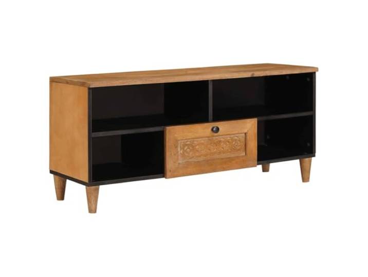 Molumvel TV-Schrank aus Mangoholz, Mediaconsole mit Schublade, 100x33x46 Geschnitzter Rahmen, Moderner Wohnzimmer-Stil, Stabiler Holzwerkstoff