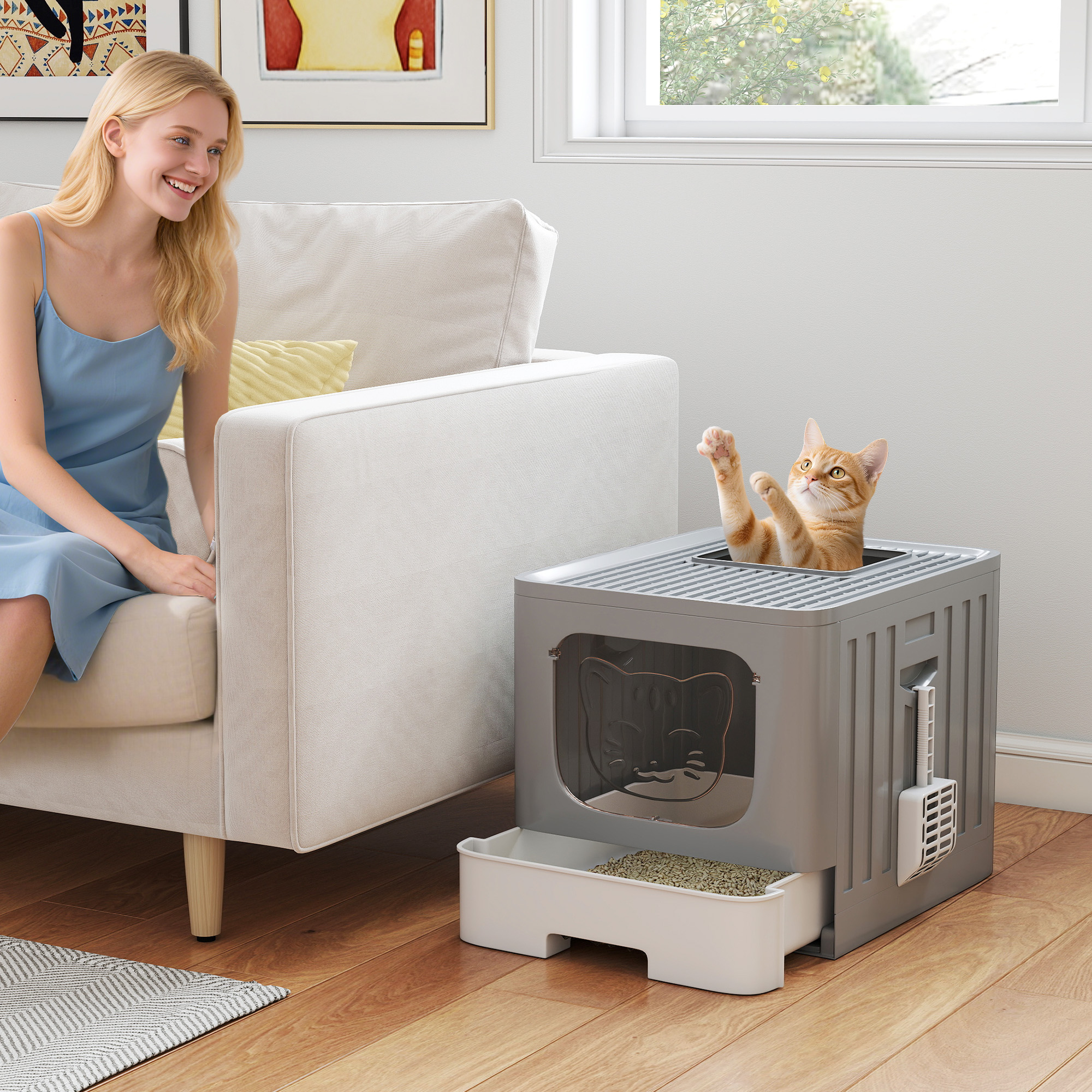 Pawhut Lettiera Gatto Chiusa M 60L con Coperchio, Vassoio Estraibile, Paletta, Antiperdita, Facile da Pulire, Grigio   Aosom Italy