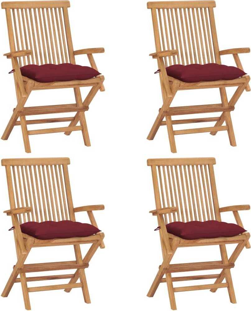 Klappstühle mit weinroten Kissen, 4 Stück, Massivholz Teakholz