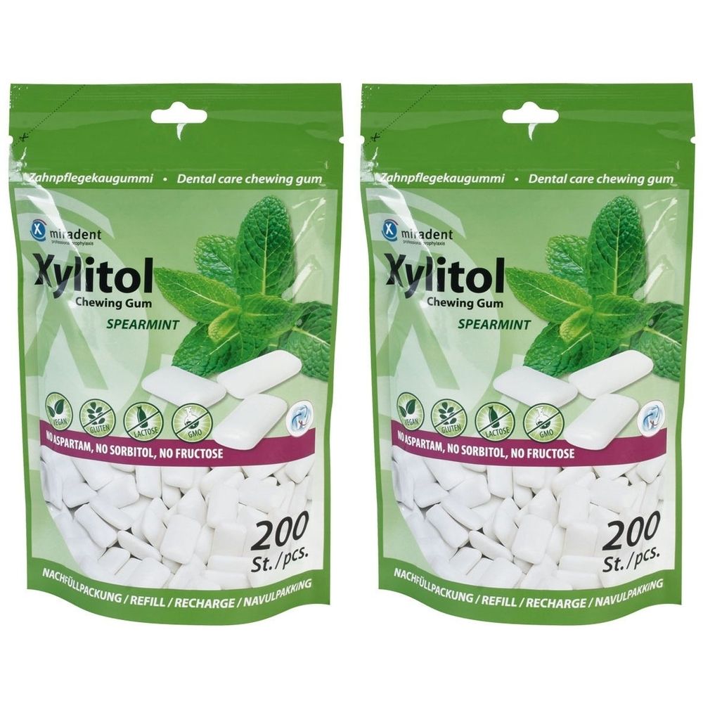 Miradent Xylitol Chewing Gum Spearmint Ref. 2x 2x200 St Kaugummi