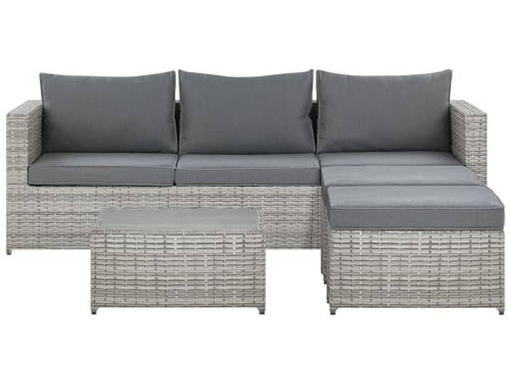 Beliani Linksseitiges Lounge Set Polyrattan grau 2 Ottomanen Auflagen Couchtisch Sabbia