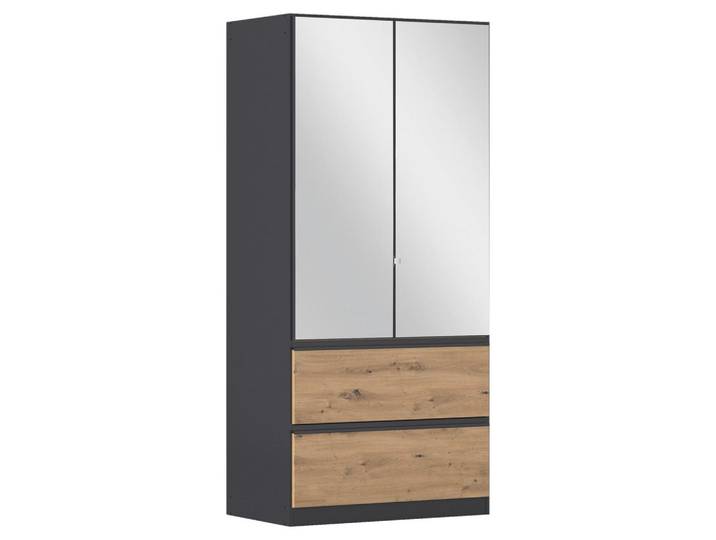 Rauch Möbel Drehtürenschrank, Grau, Eiche Artisan, Holzwerkstoff, 2 Fächer, 2 Schublade(n) Schubladen, 91x197x54 cm, Blauer Engel, Goldenes M, BQ - Bündnis für Qualität, Made in Germany, BCI (Better Cotton Initiative), Schrankfront mit Spiegel, Schlafzimmer, Komplette Schlafzimmer und Serien, Schlafzimmerserie