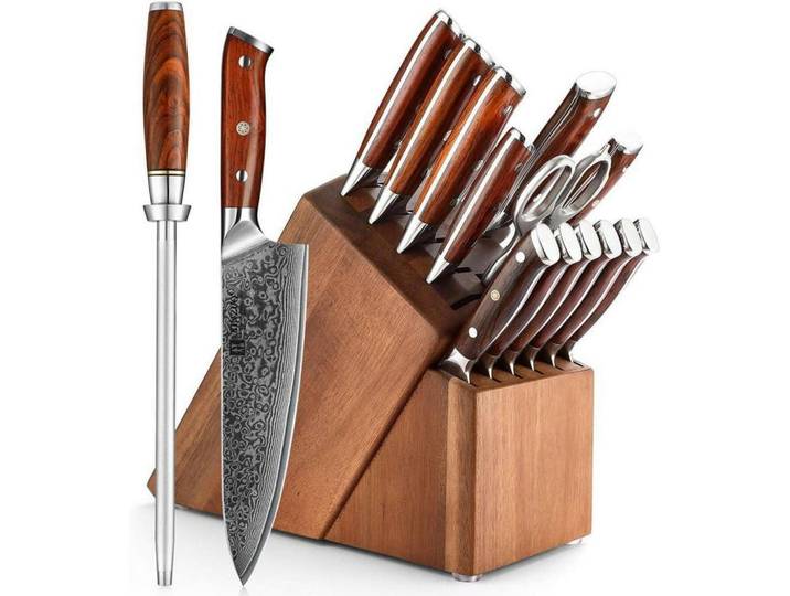 Messerblockset 15-teiliges Set Damaststahl mit Wetzstahl und Küchenschere, Braun, Holz, Kochgeschirr, Küchenmesser, Messersets