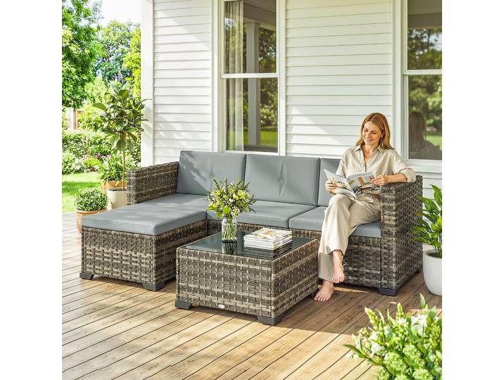 Outsunny Ensemble Jardin Rotin 5pcs avec Coussins et Table