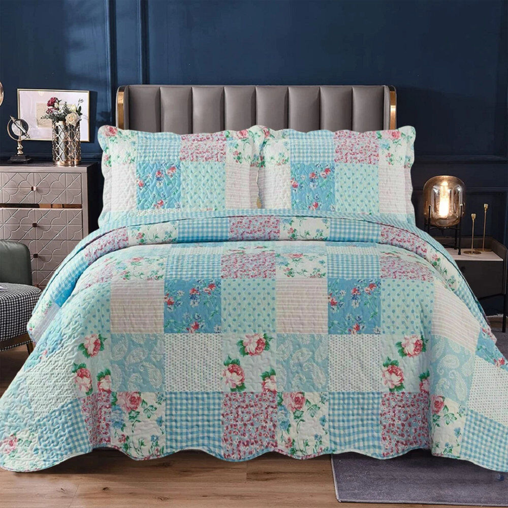 Household Furnishing Polyester Patchwork Bedspread with Pillow Shams Included Blue Single Bedspread + 1 Standard Sham