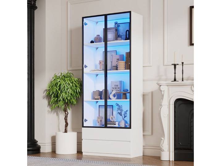 Vitrine LED 2 portes et 2 tiroirs cadre aluminium 80x34x200 cm