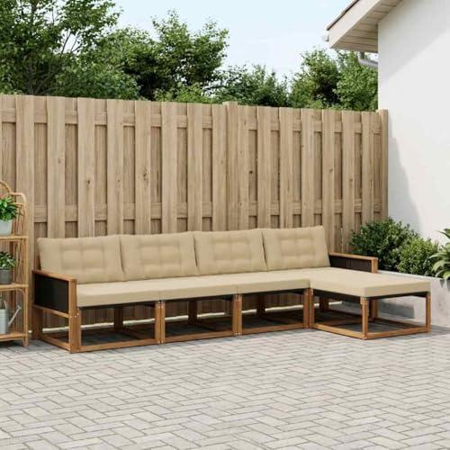 Outdoor-Sofagarnitur mit Kissen 5-teilig, Gartenlounge Set aus massivem Akazienholz, Modulare Lounge Möbel für Garten, Terrasse und Balkon, Natur und Beige