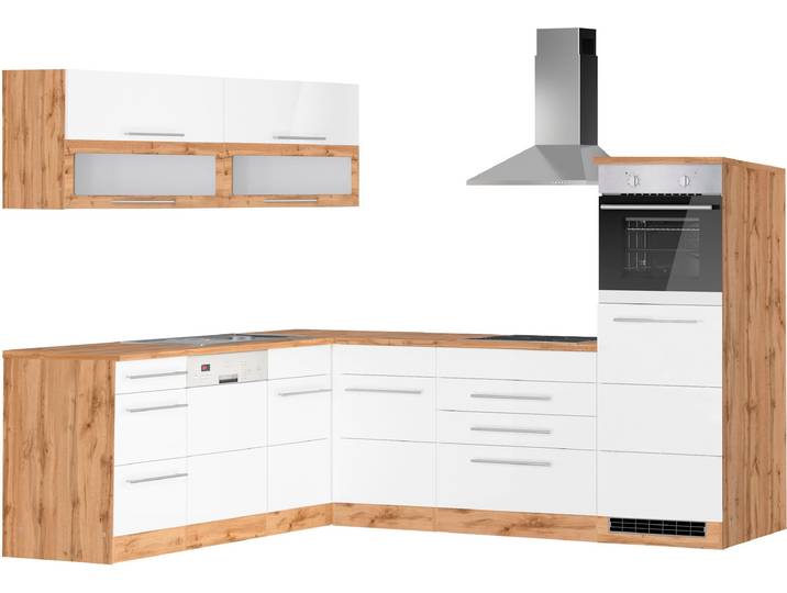 Winkelküche, 220x250 cm, Spanplatte, Weiß & Wotaneichefarben, Mit E-Geräten, Modern