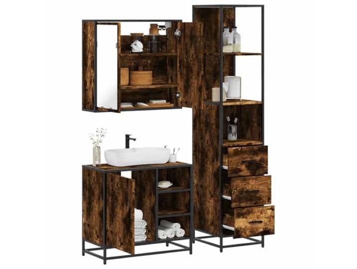 HWKQEQRF 3-TLG. Badmöbel-Set Räuchereiche Holzwerkstoff Metallgestell,Lowboard,Wandmontage,Spiegelschrank,Waschbeckenunterschrank,Stauraum,Bad-Unterschrank